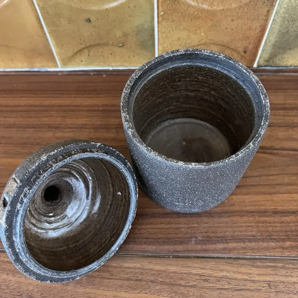 Vintage Stoneware Pottery Signed Tea Trinket Container With Lid Greek